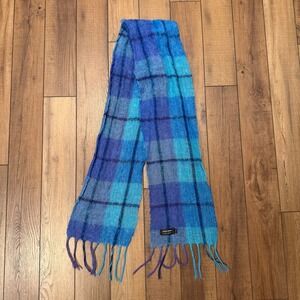 Vintage John Hanly Ireland Mohair Wool Scarf Blue Purple Plaid Fringed Fuzzy